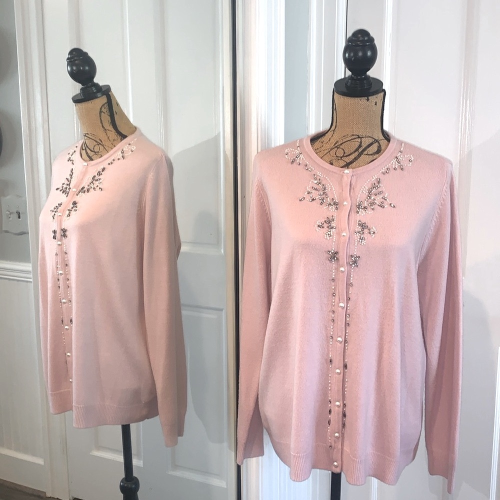 Lane Bryant Rhinestone Pearl Crystal Beaded Pink Long Sleeve Cardigan Sweater L